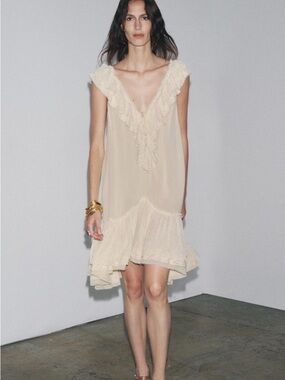 Zara Cream Ruffle V-Neck Slip Dress
